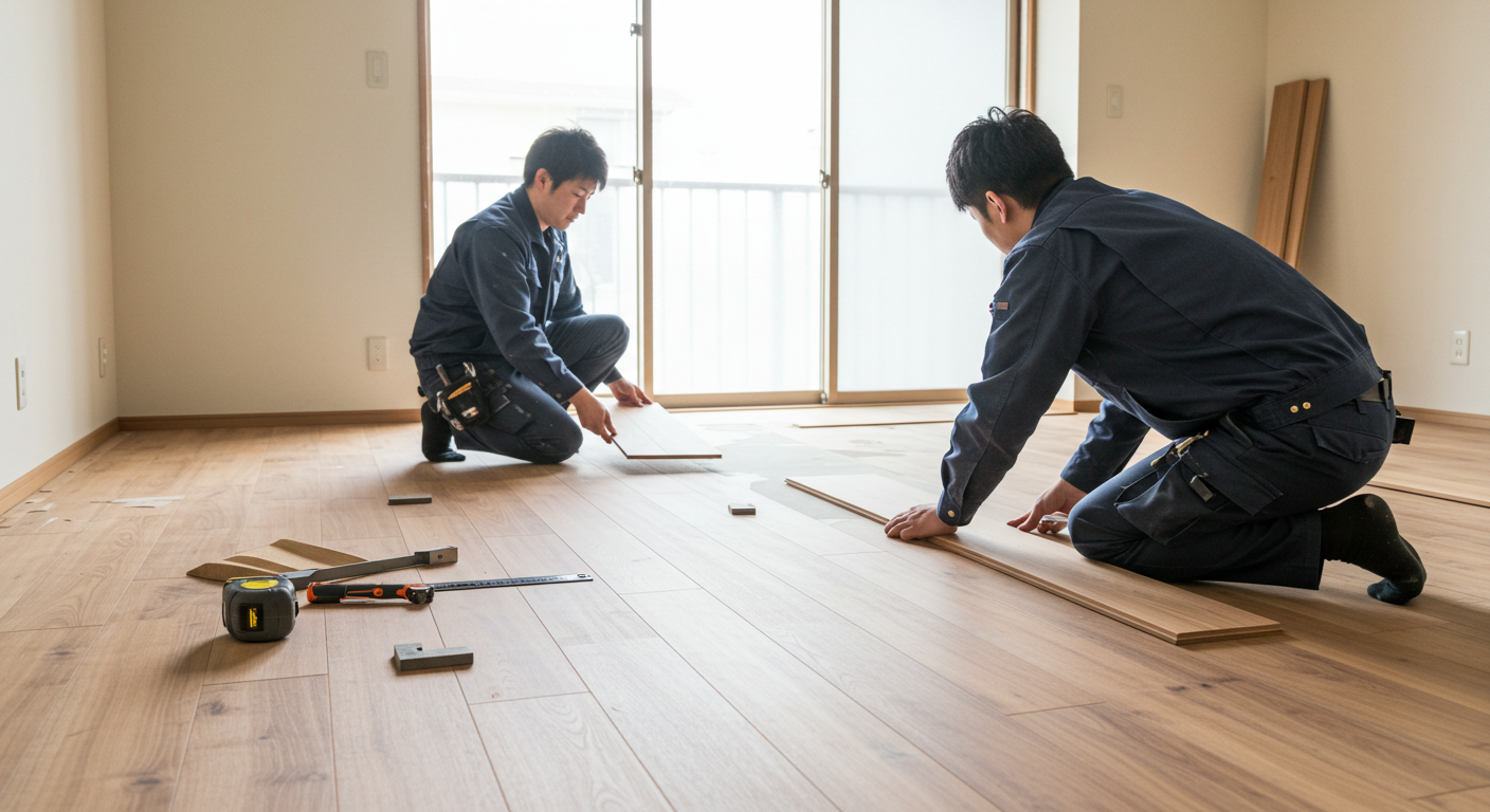 フローリング作業中